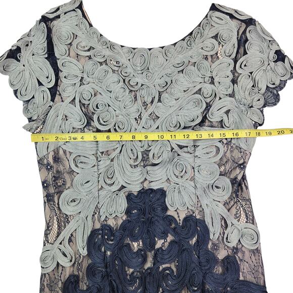 JS Collections Embroidered Ribbon Dress Size 12 Midi Blue Silver Shoet Sleeve - Picture 4 of 6